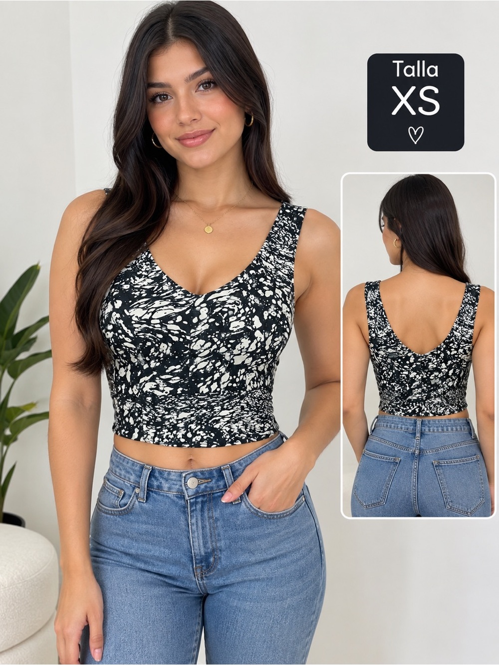 Black & White Abstract V-Neck Cropped Tank Top